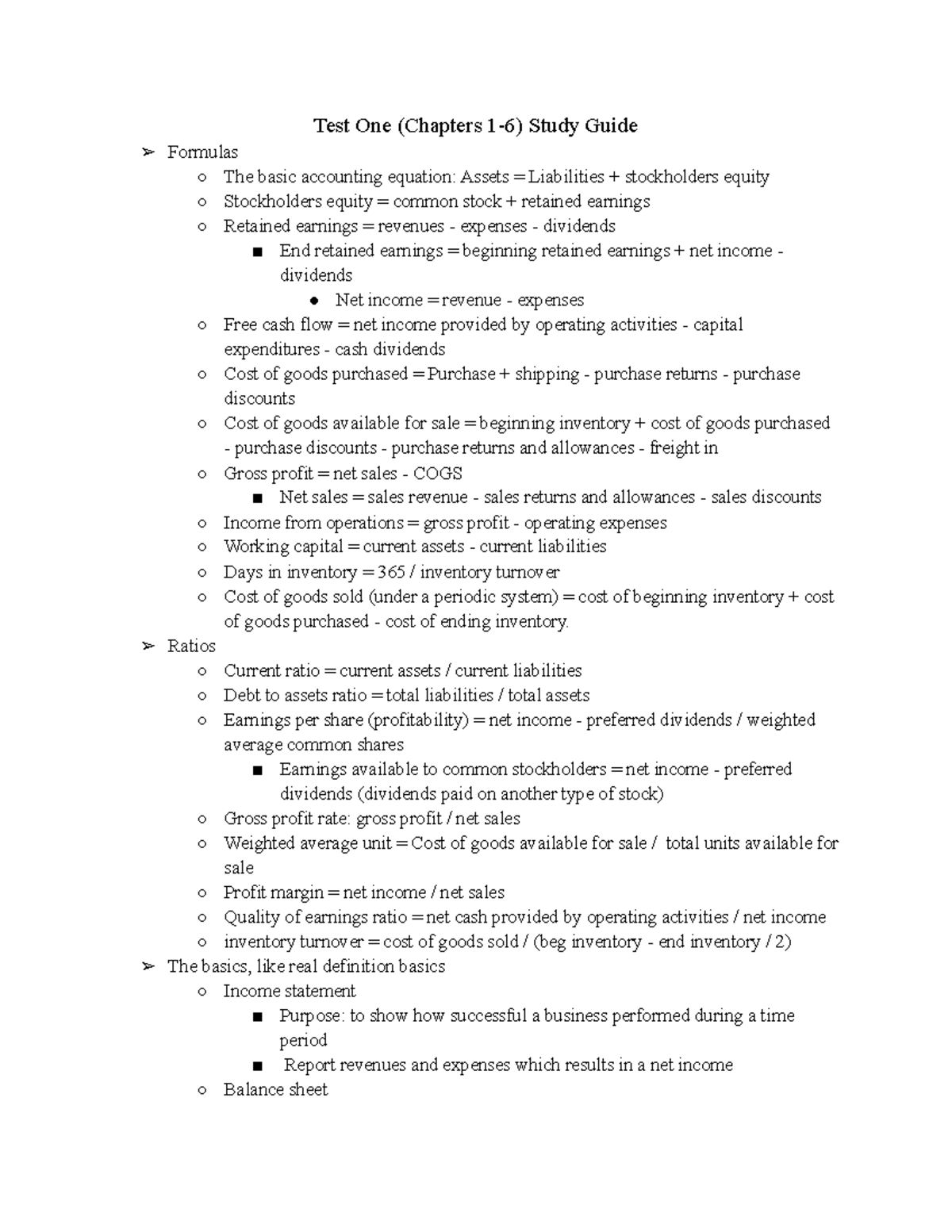 Exam 1 study guide - Test One (Chapters 1-6) Study Guide Formulas The ...