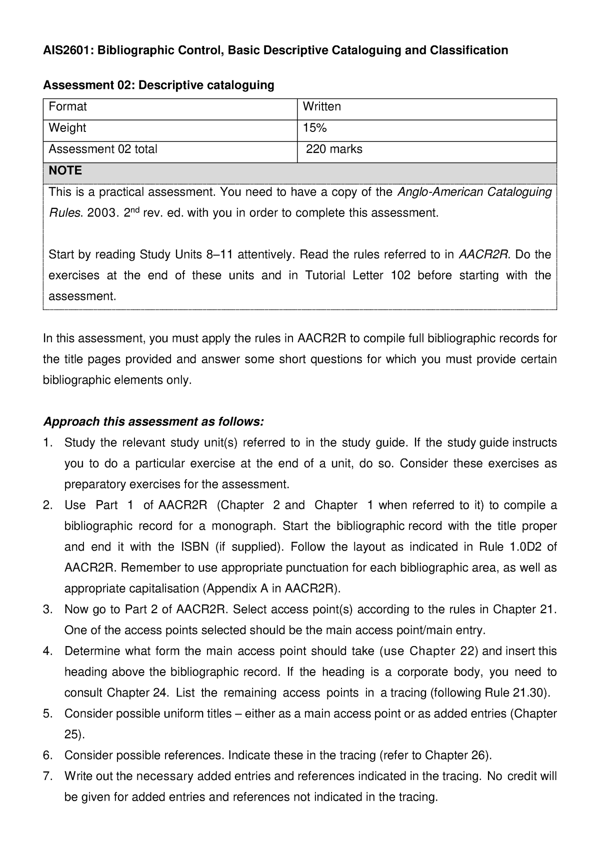 Assessment 02-AIS2601 - AIS2601: Bibliographic Control, Basic ...