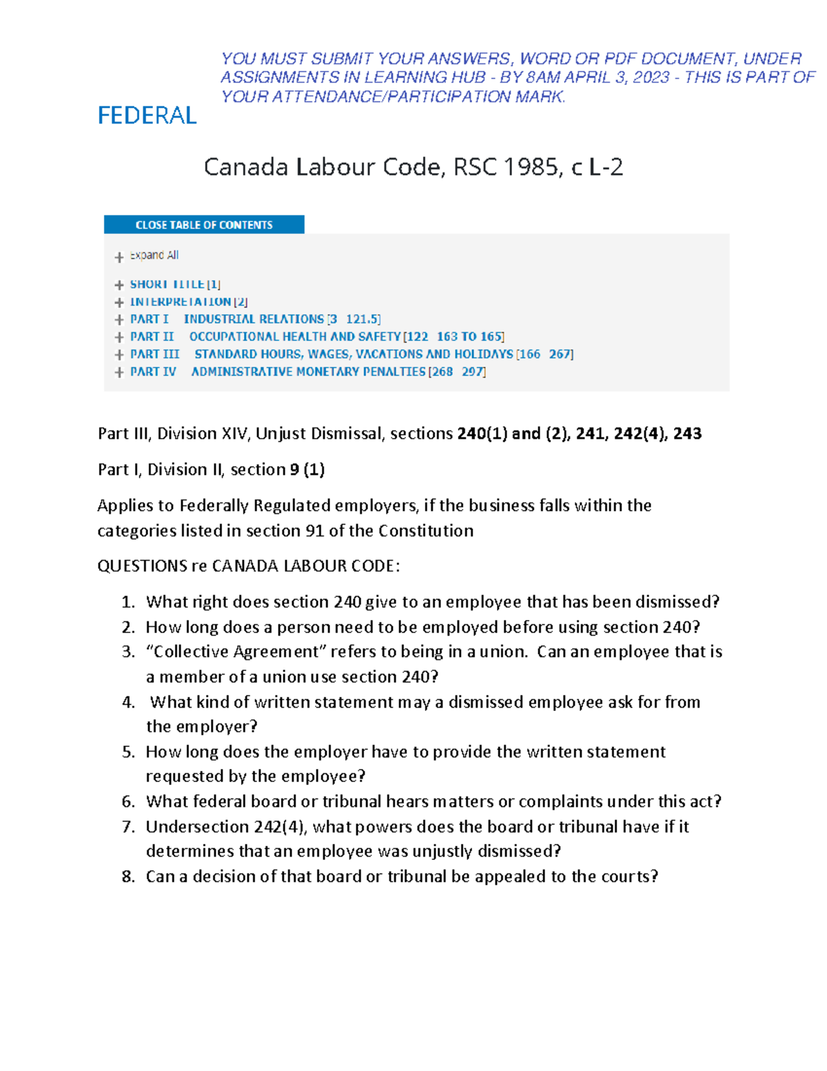 LAB Assignment Employment Legislation - Federal Vs Provincial (BC ...