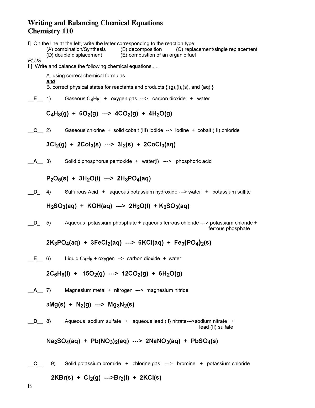 110 WS Writing And Balancing Chemical Equations Key - B Writing And ...