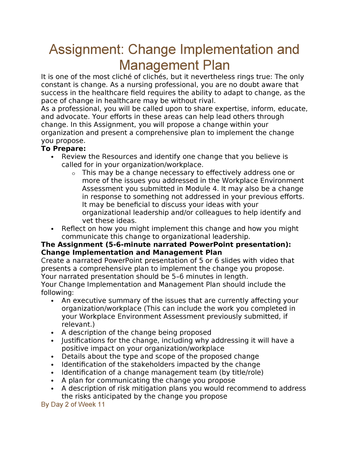 assignment change implementation and management plan