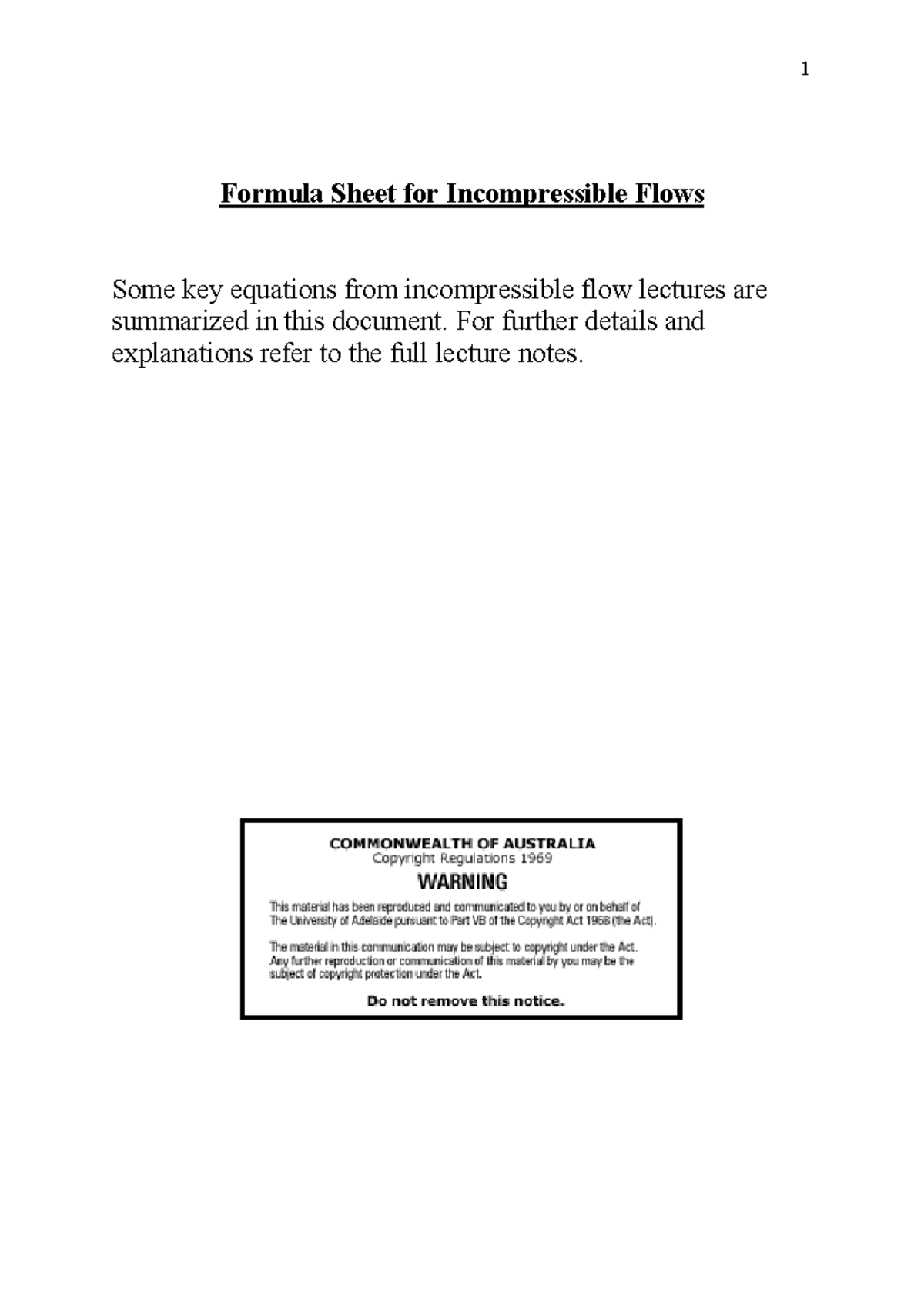 Formula Sheet for Incompressible Flows - For further details and ...