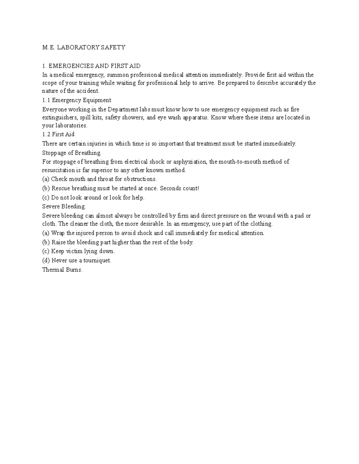 M.E. Laboratory Safety M. LABORATORY SAFETY 1. EMERGENCIES AND FIRST