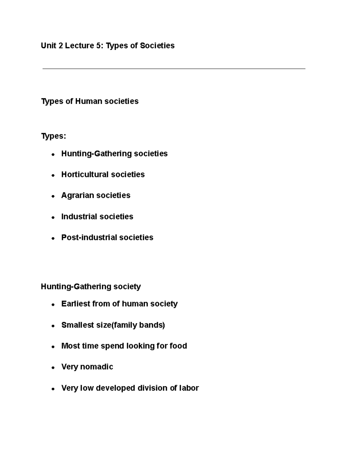 Unit 2 Lecture 5 Types of Societies Unit 2 Lecture 5 Types of Societies Types of Human