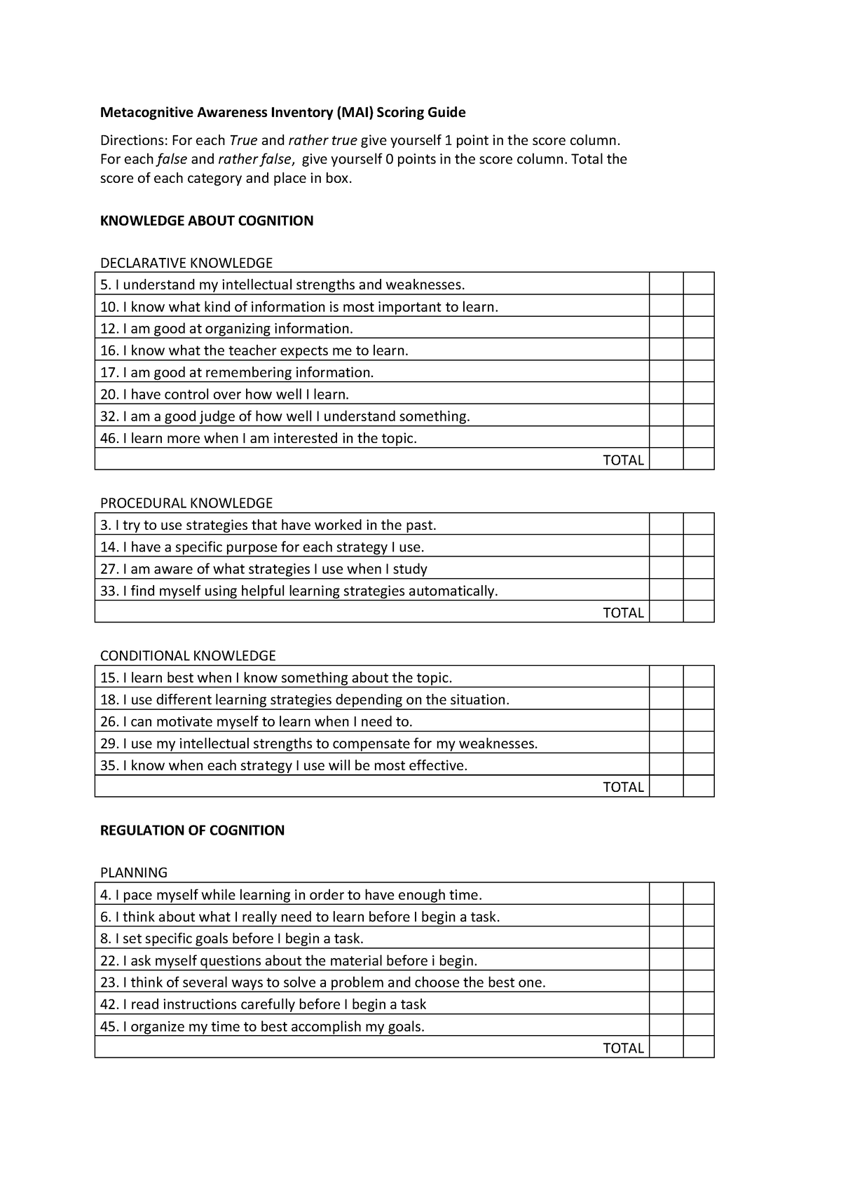 Metacognitive Awareness Inventory - For each false and rather false ...