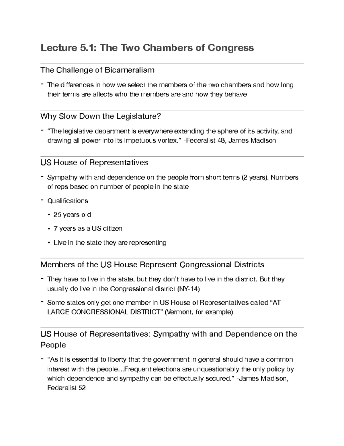 Lecture 5 - Lecture 5: The Two Chambers of Congress The Challenge of ...