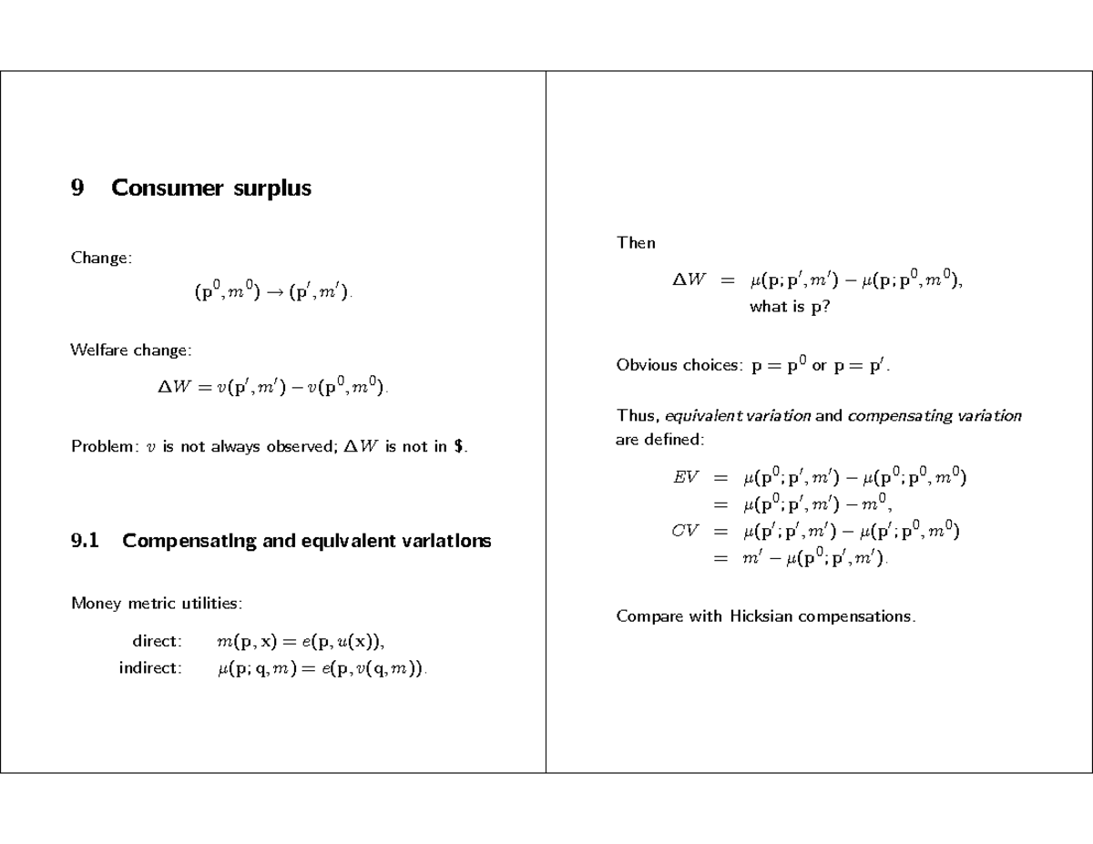 Consumer surplus - Lecture notes 40-42 - 9 Consumer surplus Change: (p ...