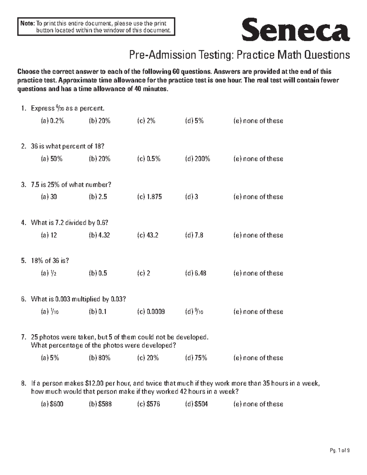 Pre math - Introduction to Mathematics - Note: To print this entire ...
