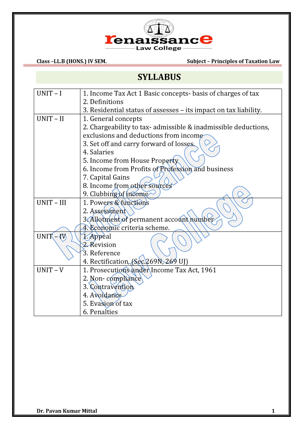 Income-Tax - Notes. - SYLLABUS UNIT – I 1. Income Tax Act 1 Basic ...