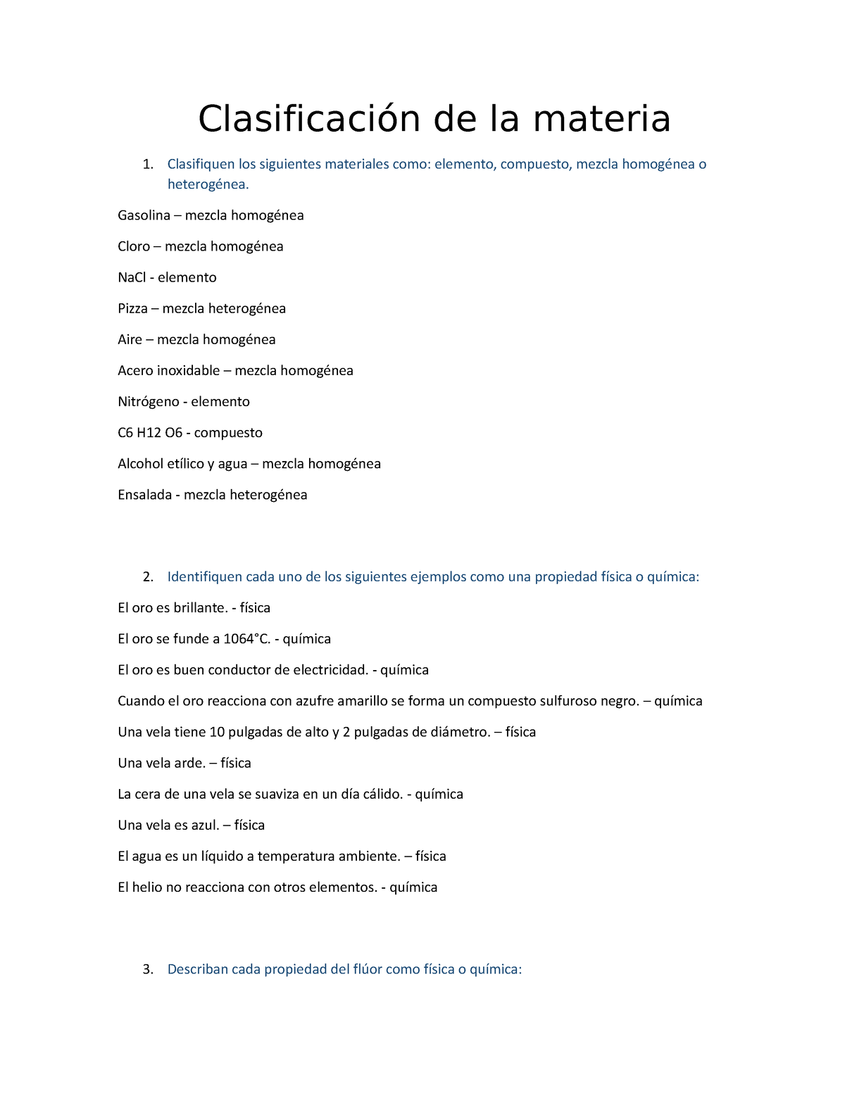 Ejercicio 3 - Clasificación De La Materia Clasifiquen Los Siguientes ...