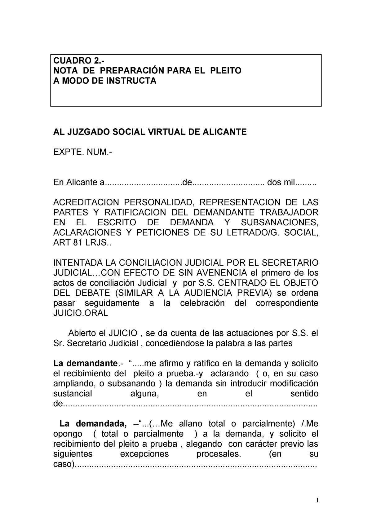 Juicio laboral modelo Derecho Del Trabajo 18020 UA