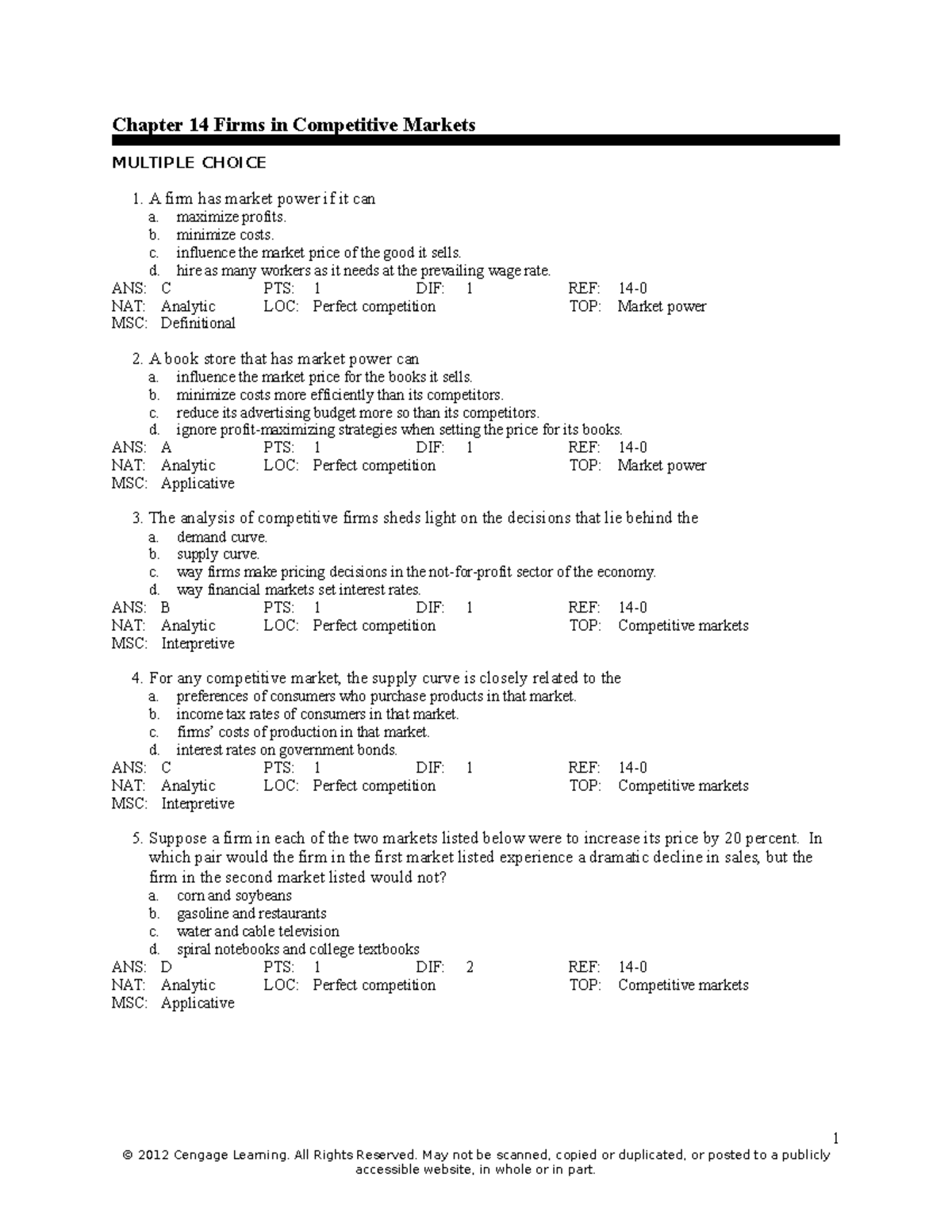 Chapter+14+Micro+Test+Bank Final - Chapter 14 Firms In Competitive ...