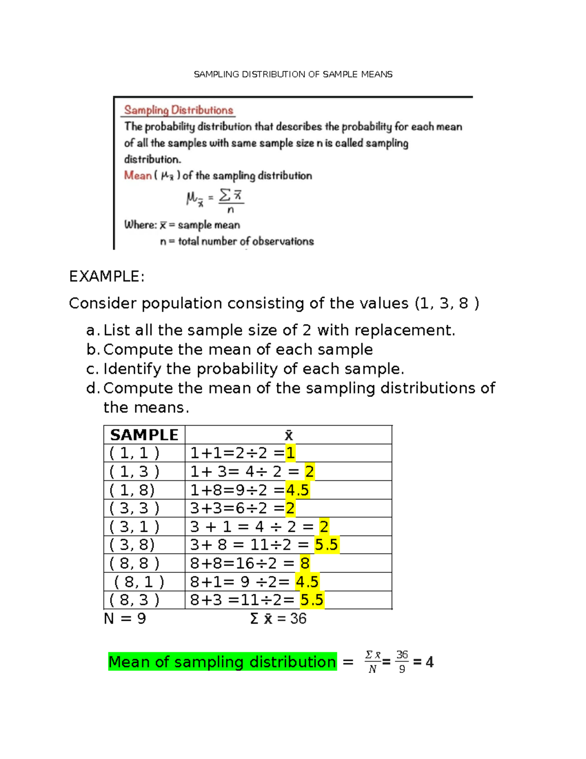 11 STAT INFO Sheet Worksheet 4 5 - SAMPLING DISTRIBUTION OF SAMPLE ...