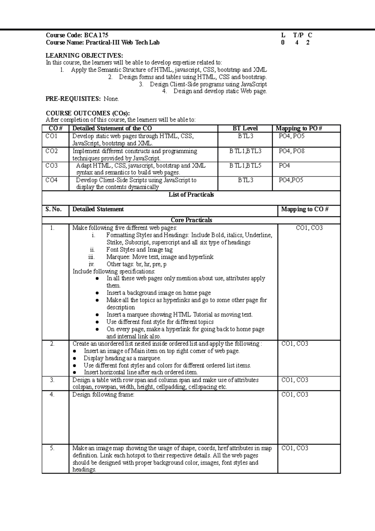 WEB TECH Program LIST - Course Code: BCA 175 Course Name: Practical-III ...