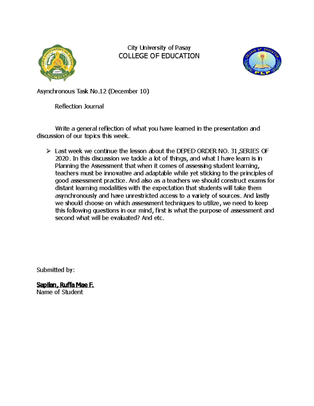 Asynchronous Task No. 12 (December 10) - City University of Pasay ...