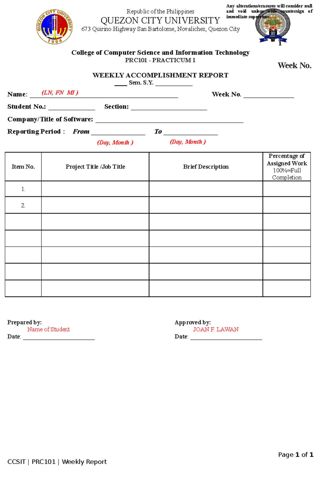 Document Format for Individual Weekly Accomplishment PRC101 - Republic ...