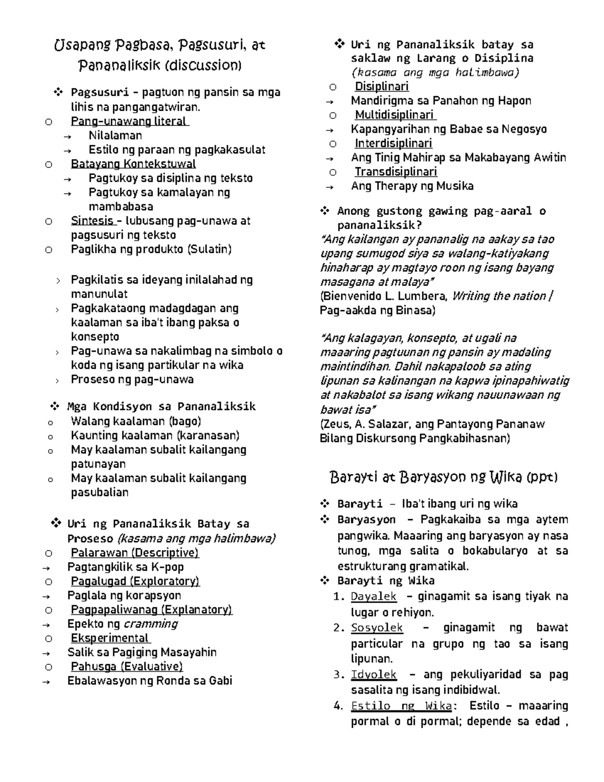 IPP- Midterms - Filipino Notes - Usapang Pagbasa, Pagsusuri, at ...