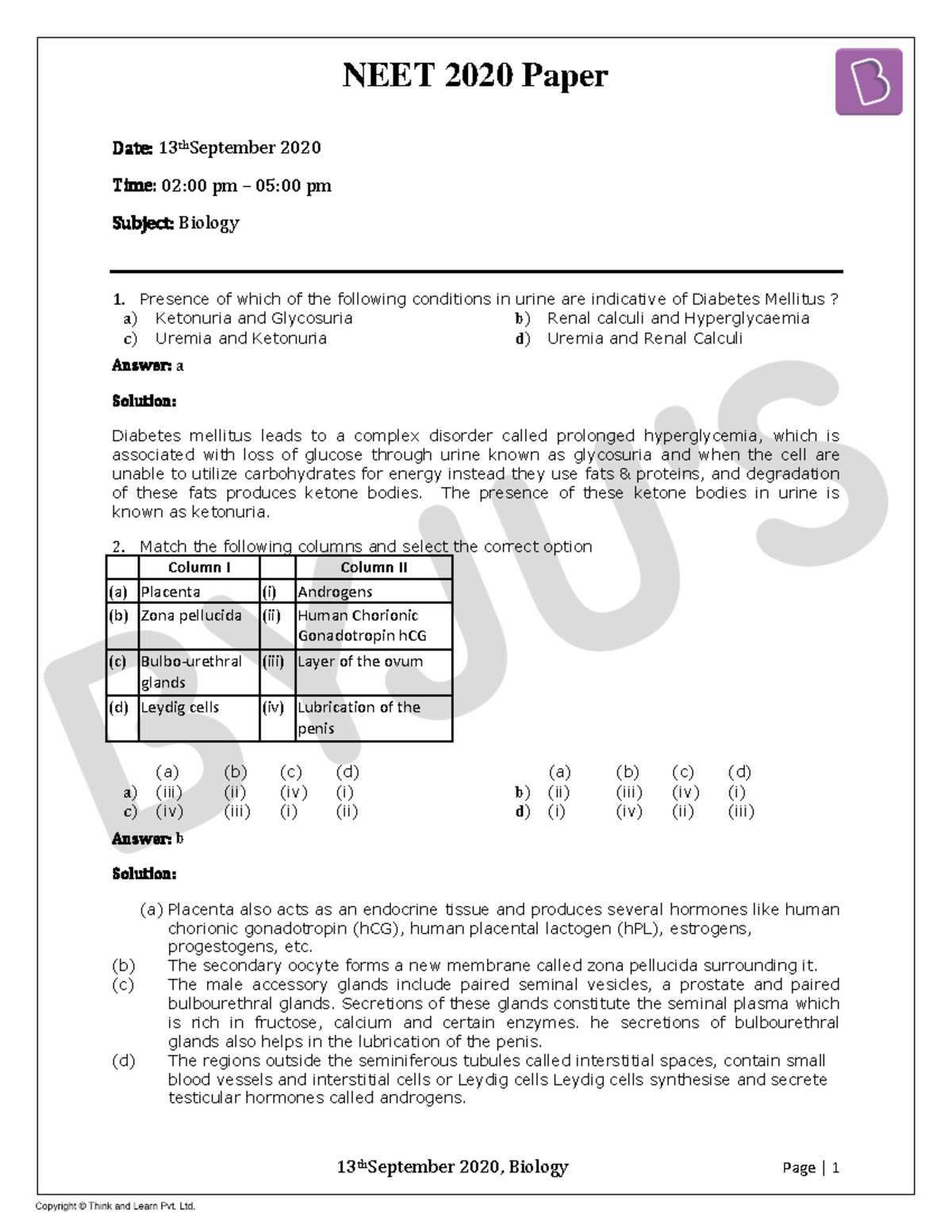 Neet 2020 Question Paper Biology Date 13 Thseptember 2020 Time 02 00 Pm 05 00 Pm Subject