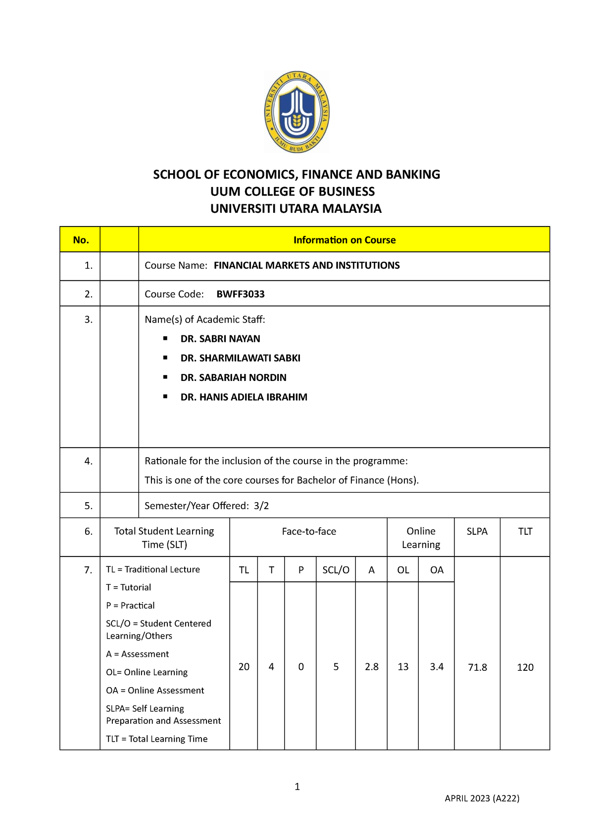 BWFF3033 FMI Course Syllabus - SCHOOL OF ECONOMICS, FINANCE AND BANKING ...