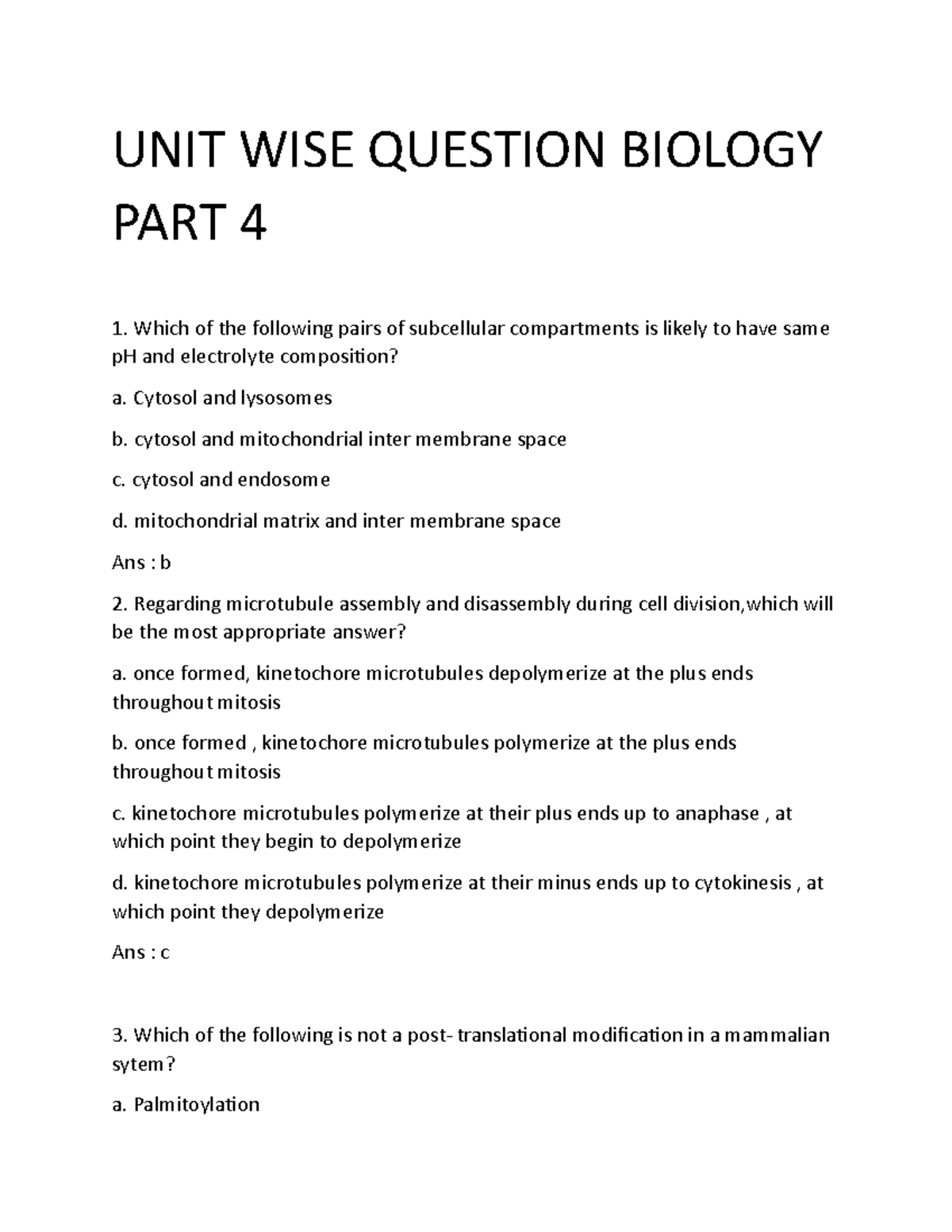 Unit wise cell biology part 4 - UNIT WISE QUESTION BIOLOGY PART 4 Which ...