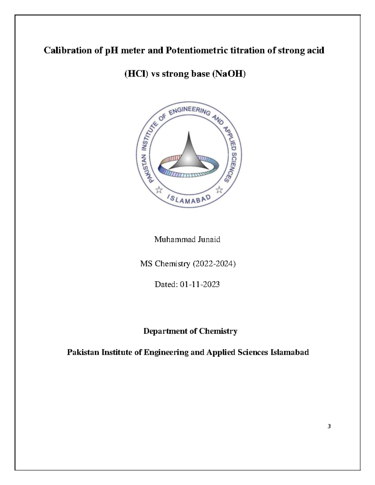 Lab report Junaid-new - Calibration of pH meter and Potentiometric ...