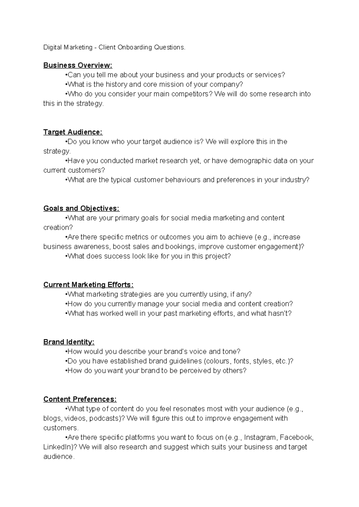 Digital Marketing Client Onboarding Questions Guide Business