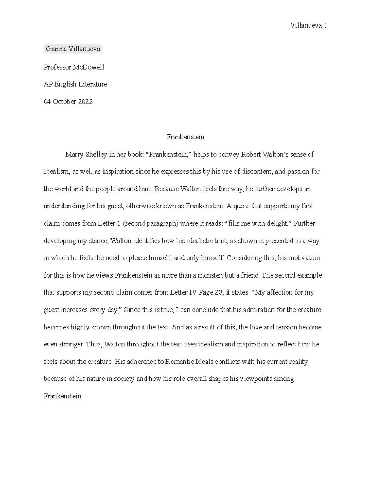 Frankenstein Letters 14. Villanueva 1 Gianna Villanueva Professor McDowell AP English