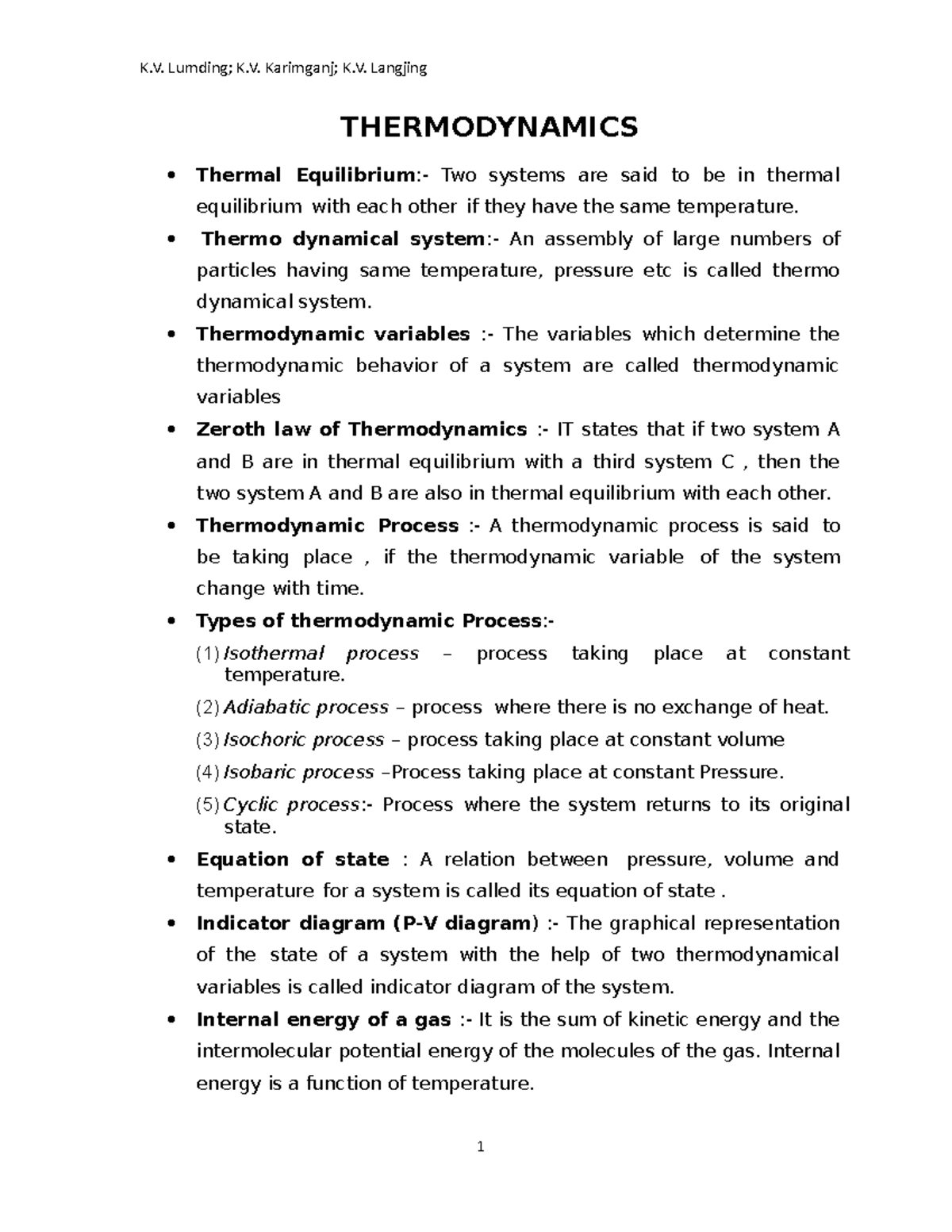 11 physics notes 08 thermodynamics - THERMODYNAMICS Thermal Equilibrium ...