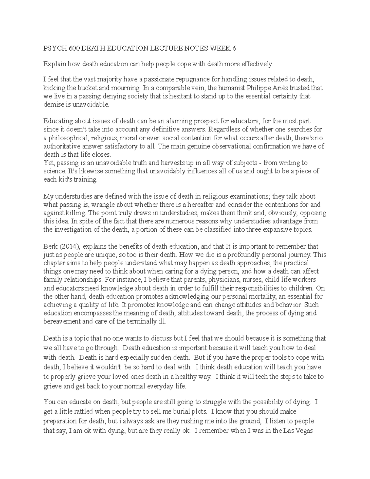PSYCH 600 Death Education Lecture Notes WEEK 6 - PSYCH 600 DEATH ...