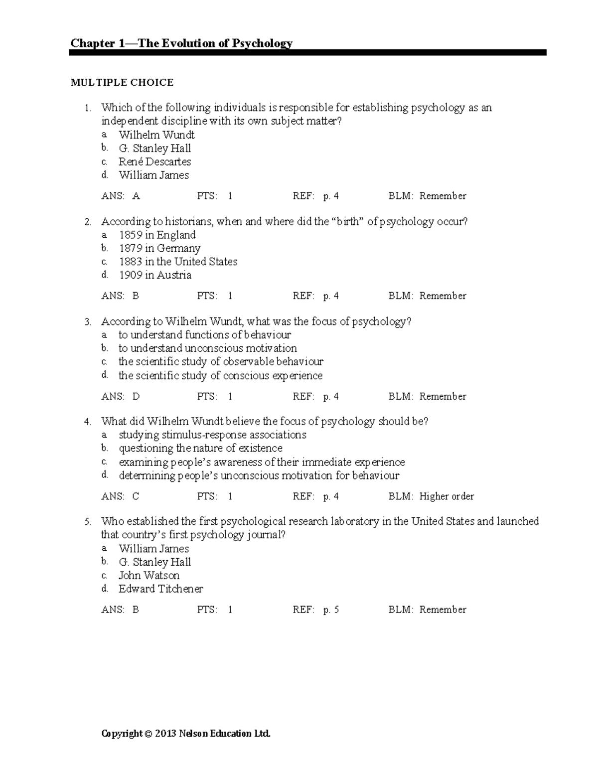 Chapter 01 - TESTBANK - Chapter 1—The Evolution Of Psychology MULTIPLE ...