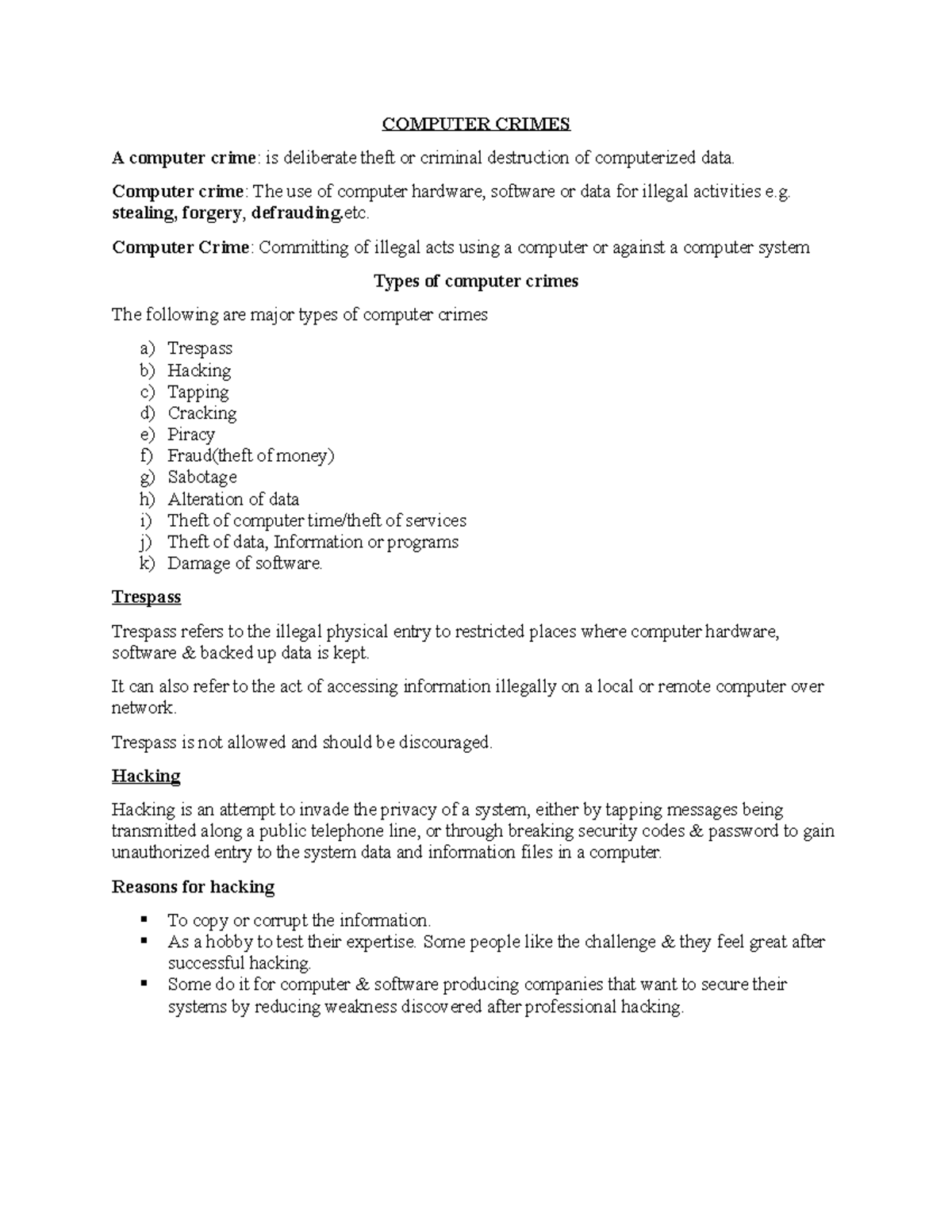 Computer Crimes notes COMPUTER CRIMES A computer crime is