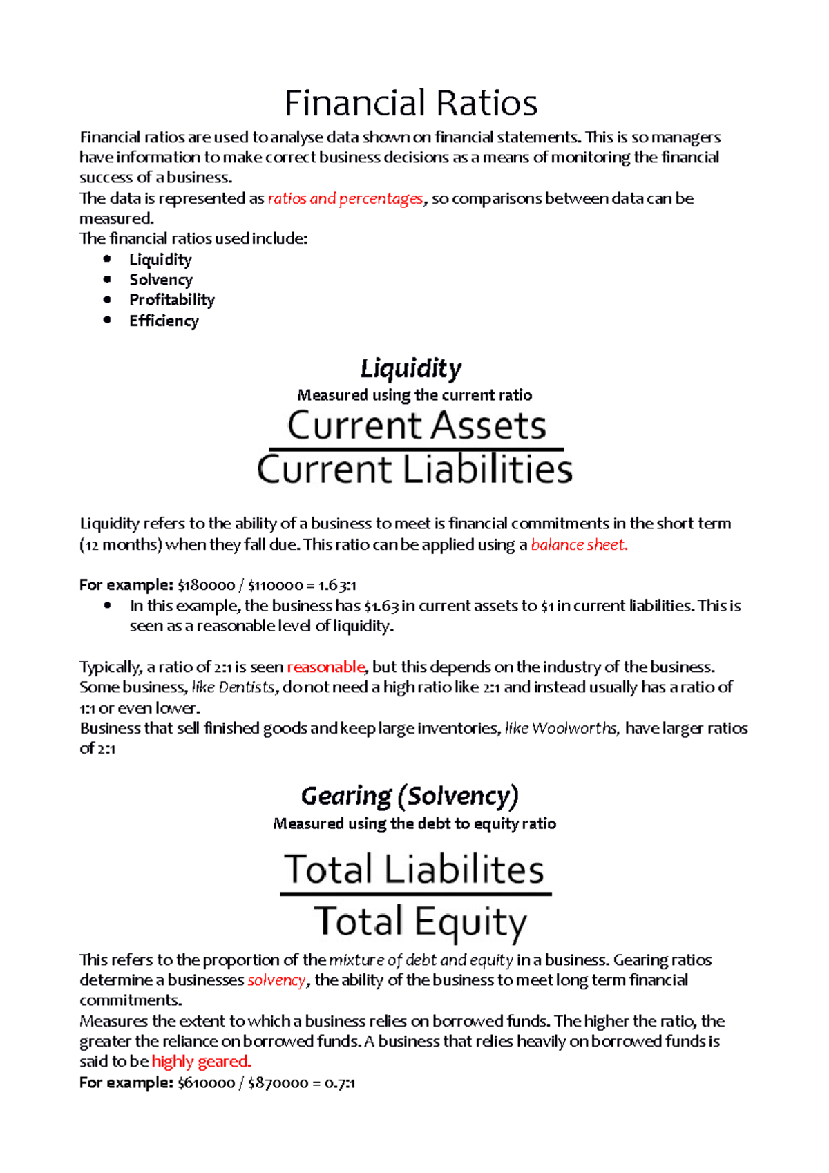 Business Studies Notes - Finance Ratios - Financial Ratios Financial ...