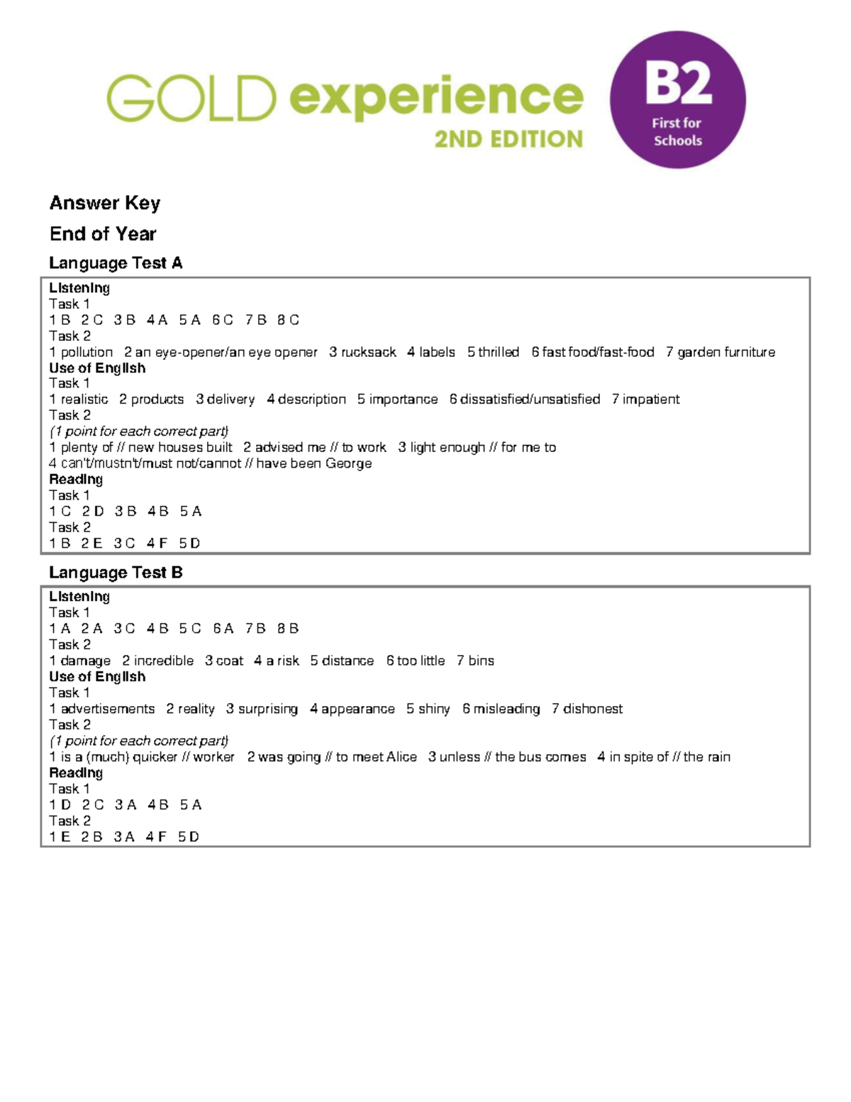 Gold Exp B2 End of Year Test AK - Answer Key End of Year Language Test ...