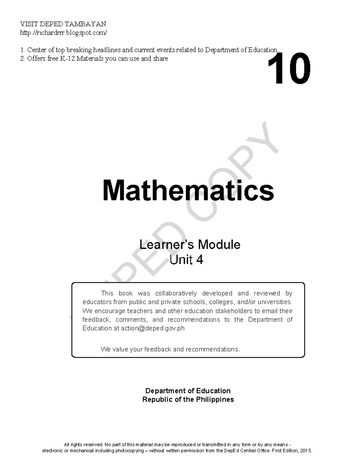 Math10 LM U4 - Credits to the rightful owner - DEPED COPY 10 ...