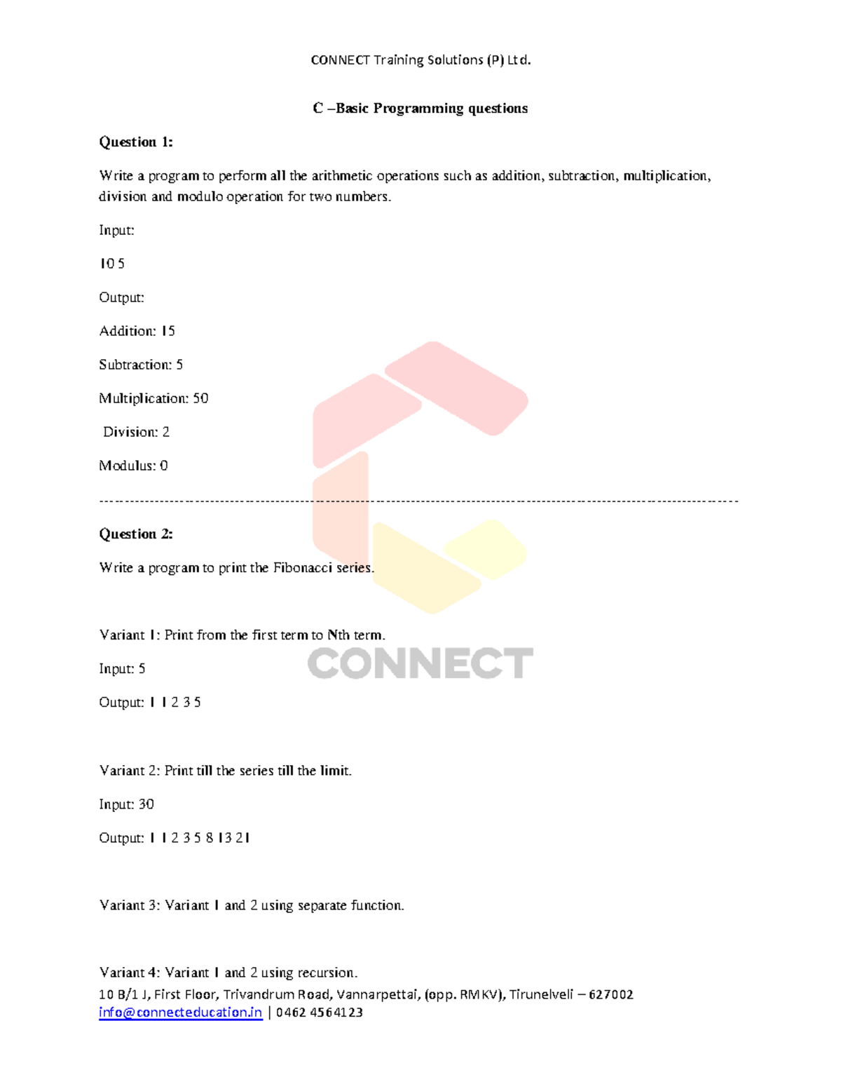 C Basic Programming Questions - 10 B/1 J, First Floor, Trivandrum Road ...