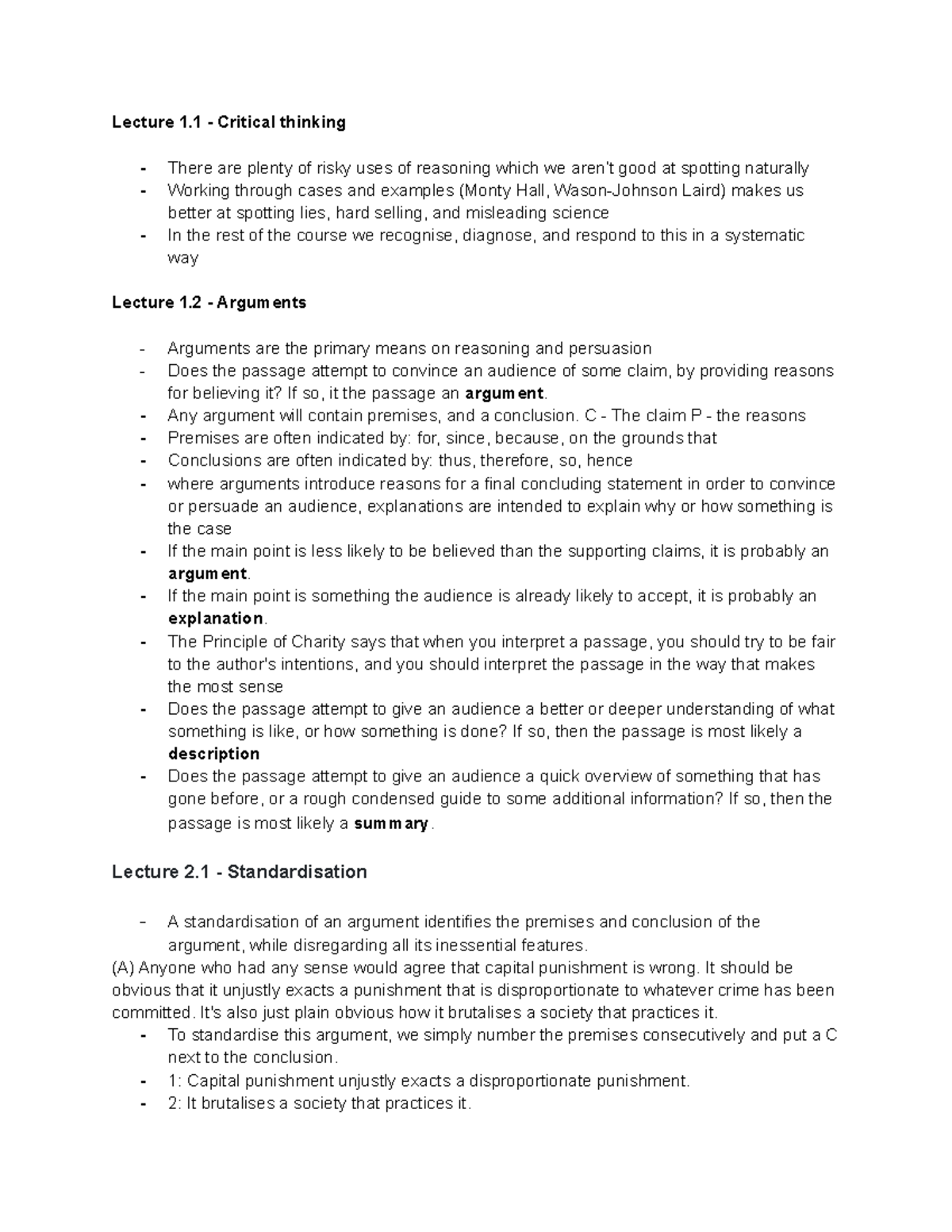 Philosophy 137 Critical thinking lecture notes - Lecture 1 - Critical ...