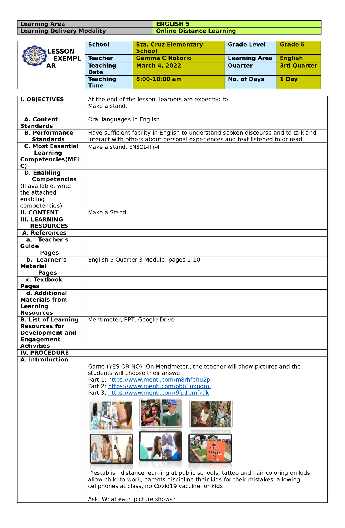 ENG5-Q3- Exemplar-Make A Stand - Learning Area ENGLISH 5 Learning ...