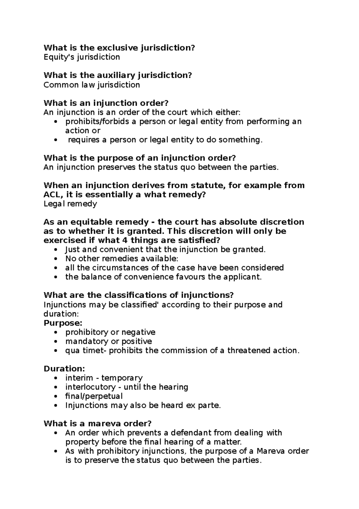 Injunctions Extra Notes - What Is The Exclusive Jurisdiction? Equity's ...