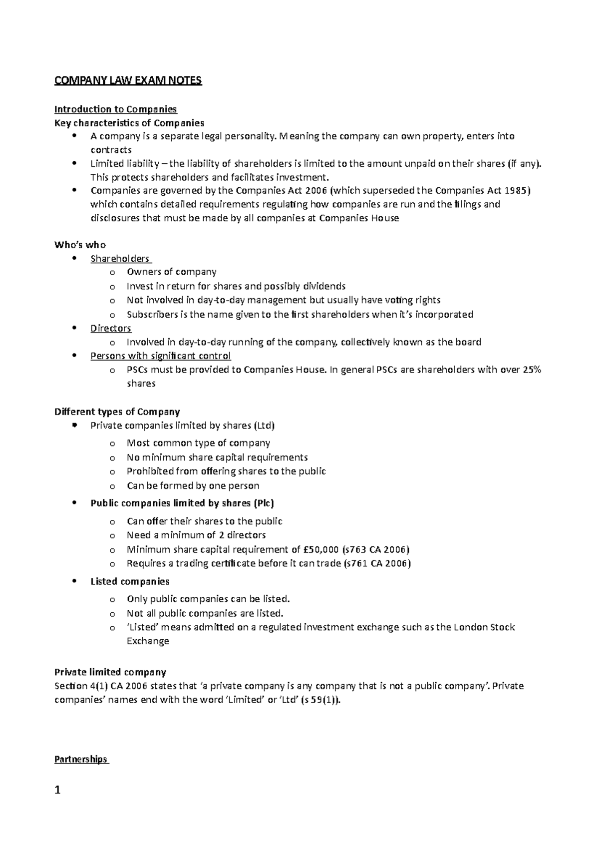 Company law exam notes - COMPANY LAW EXAM NOTES Introduction to ...