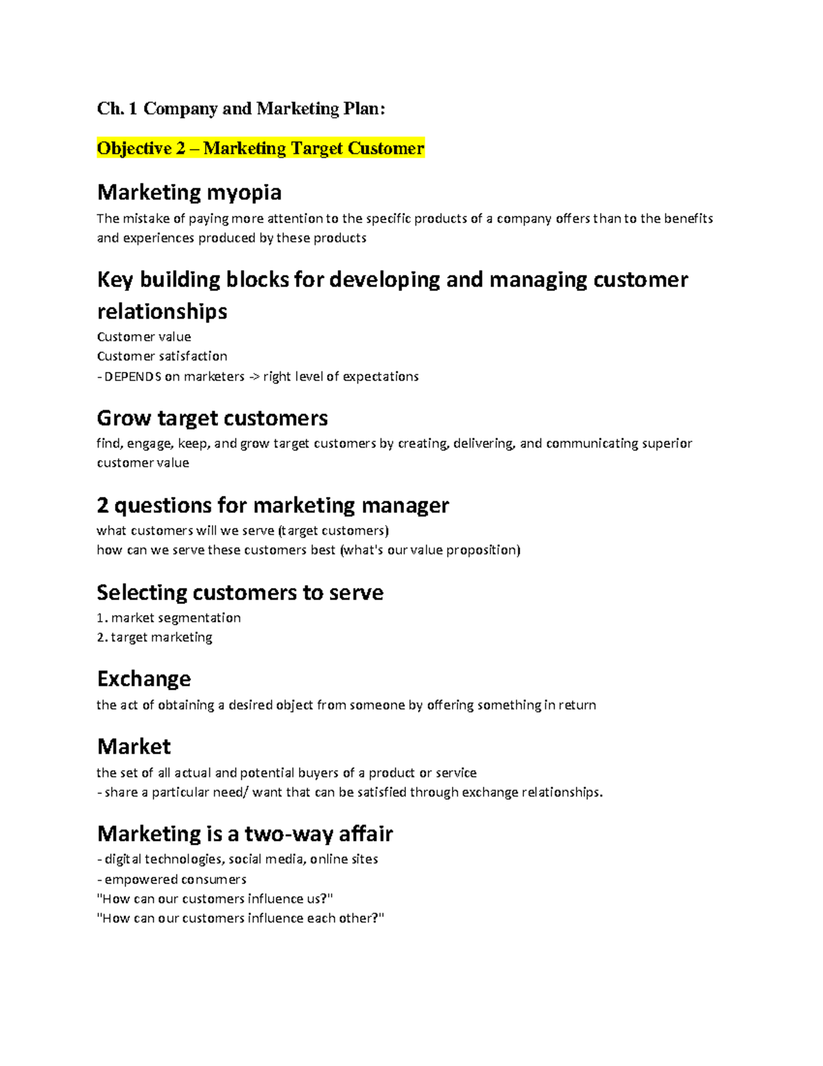 Ch 1. Summary - Objective 2 (Target Customer and Market Strategy) - MGT ...