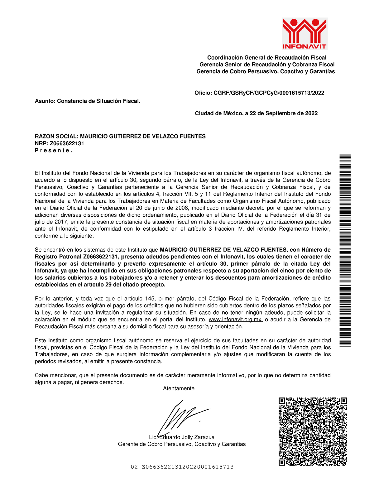 Opinion Infonavit ARQ carta aceptacion 02Z Oficio CGRF/GSRyCF