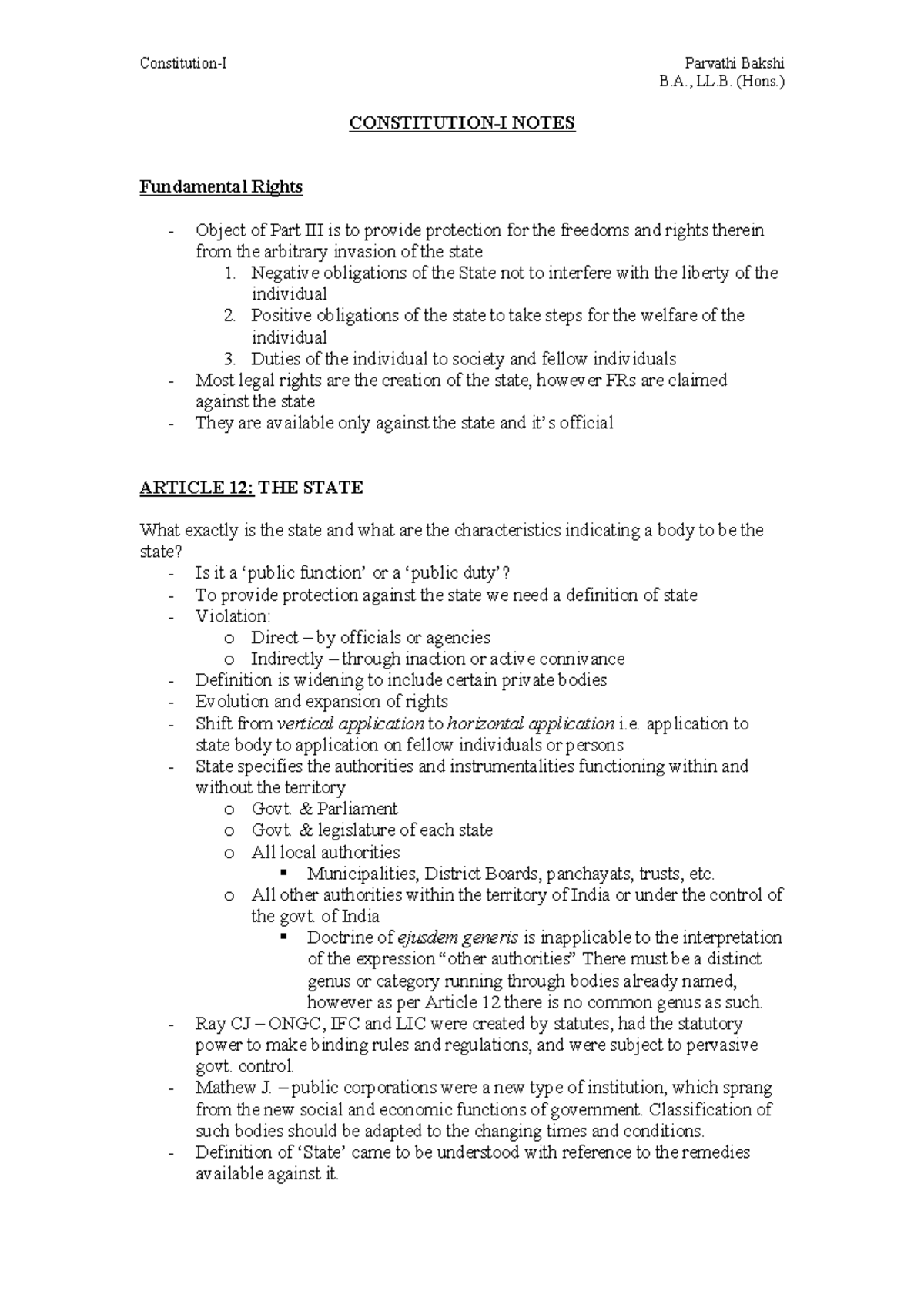 Class Notes - B., LL. (Hons.) CONSTITUTION-I NOTES Fundamental Rights ...