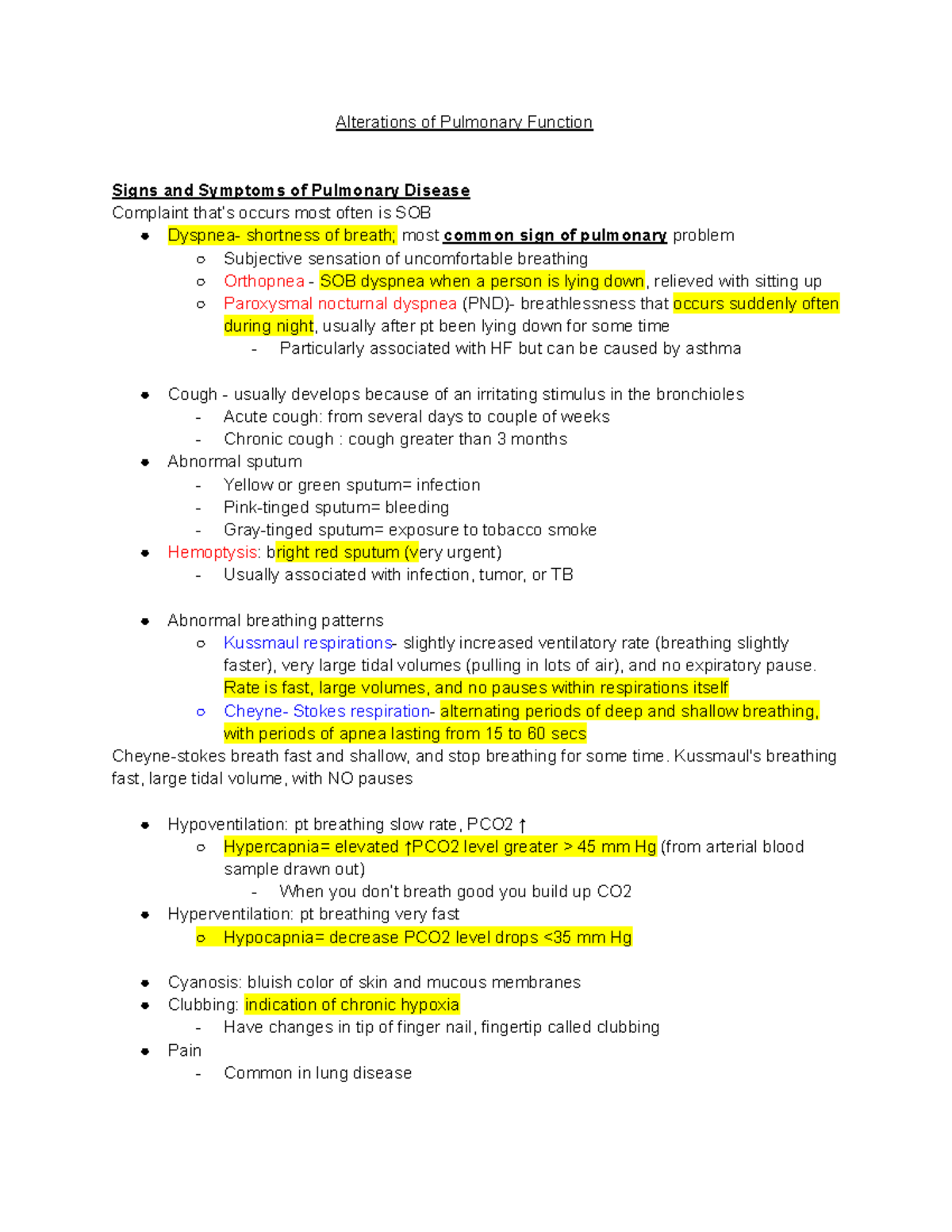 Pulmonary part 1 and 2 - Alterations of Pulmonary Function Signs and ...