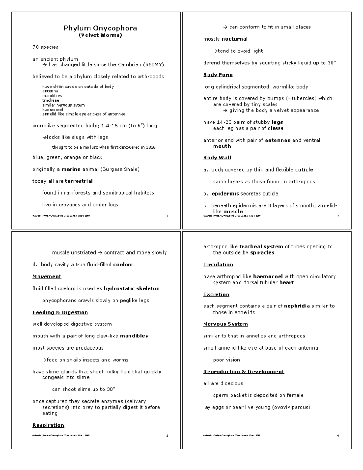 Phylum Onycophora General Zoology Lecture Notes and Handout Animals