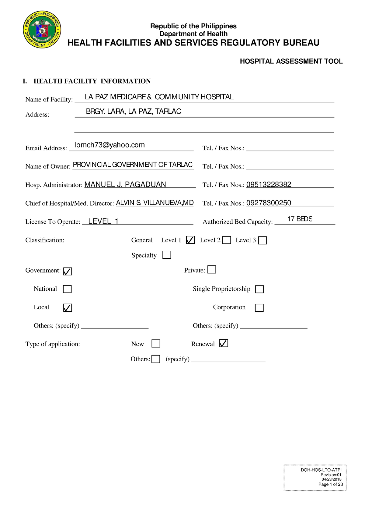 Level 1 Hospital Assesmen Tool Doh Hos Lto Atpi Revision 04 23 Republic Of The Philippines