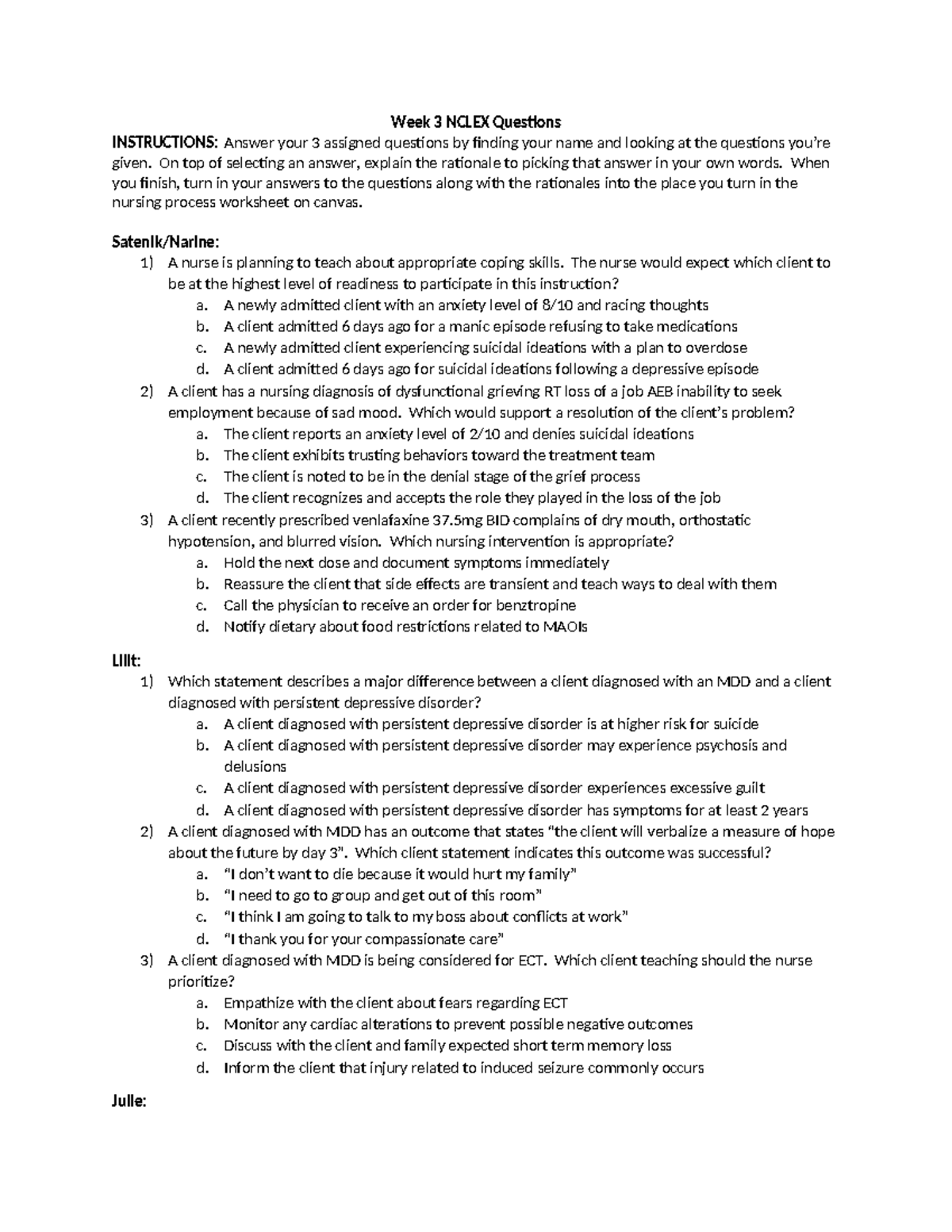 Week 3 Nclex Question Assignments Student S I Week 3 NCLEX Questions