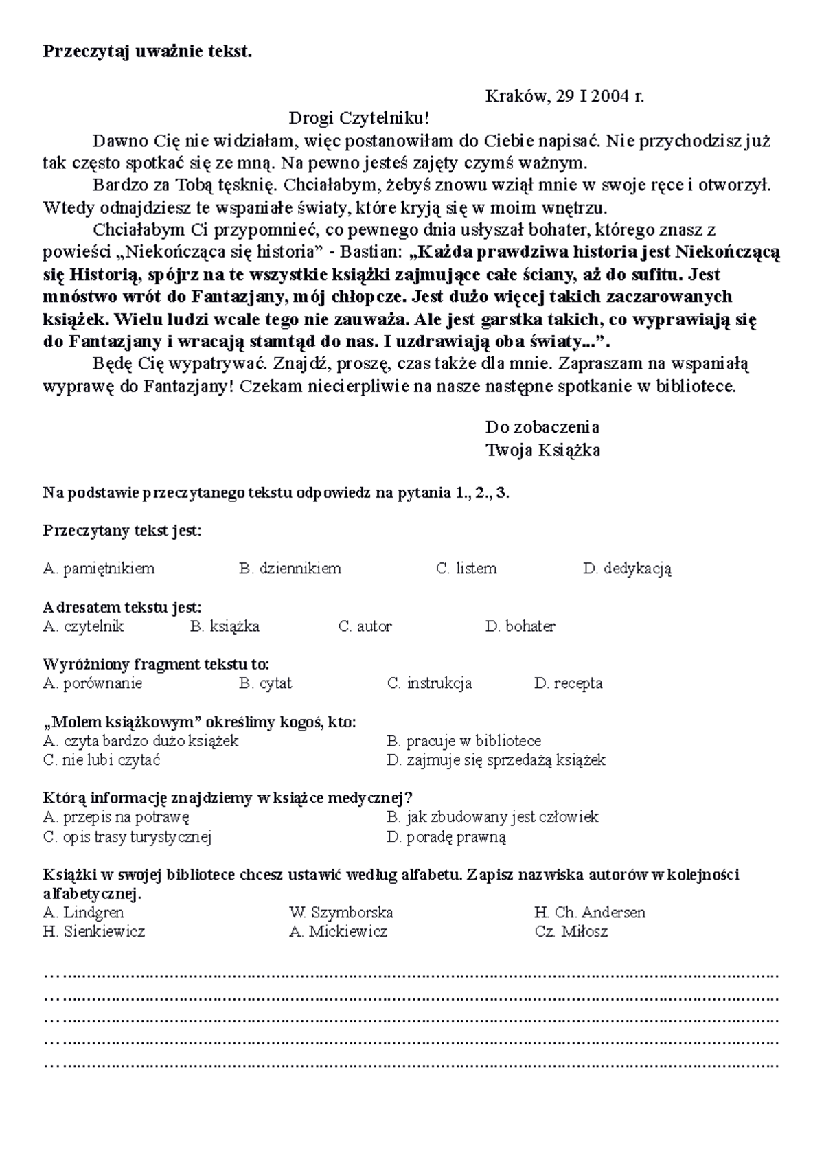 Test - lf kjfifc - Przeczytaj uważnie tekst. Kraków, 29 I 2004 r. Drogi