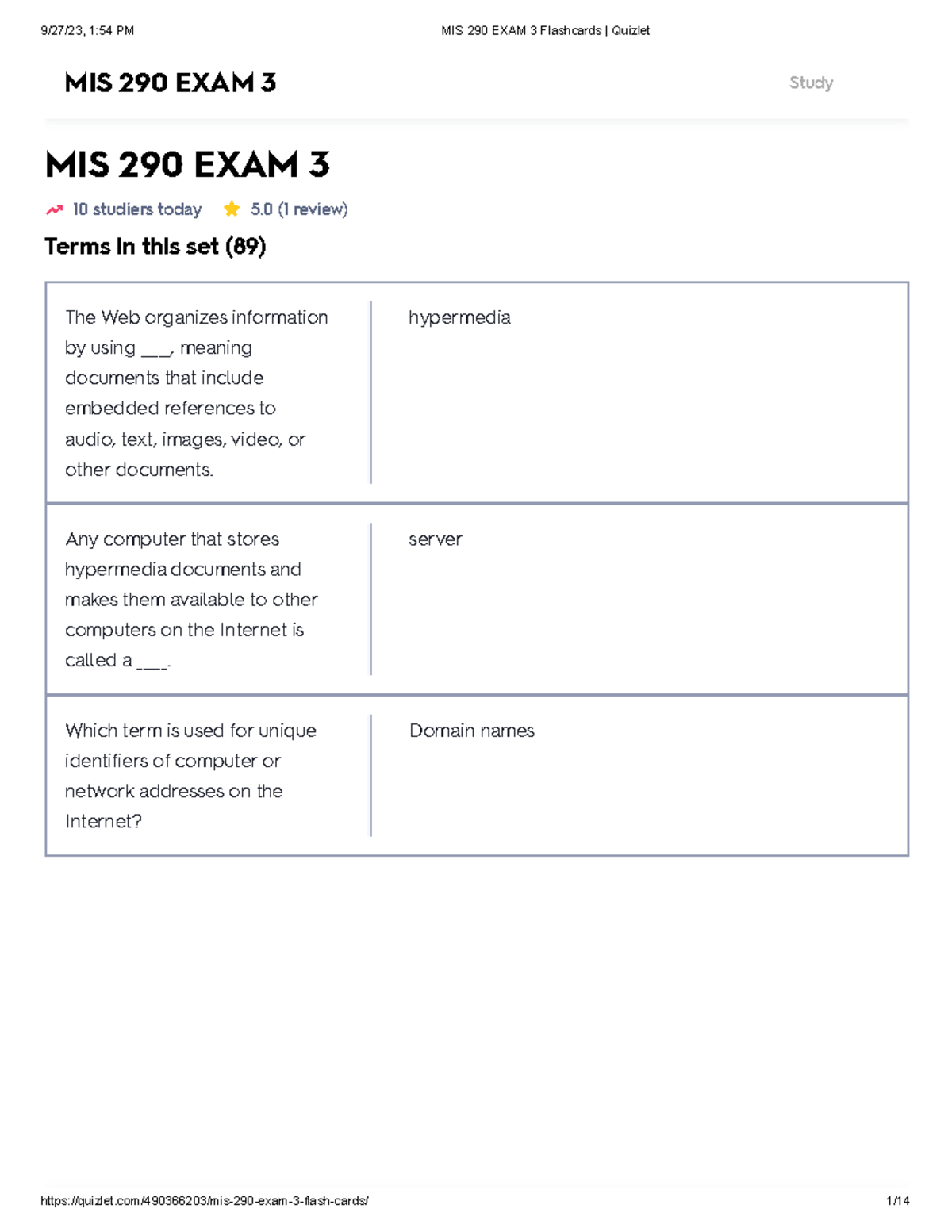 MIS 290 EXAM 3 Flashcards Quizlet - MIS 290 EXAM 3 10 Studiers Today 5 ...