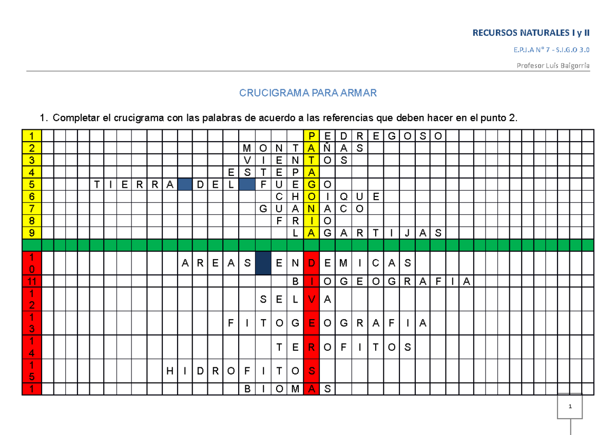 Recursos naturales I y II - crucigrama - 1 E.P.J N° 7 - S.I.G 3