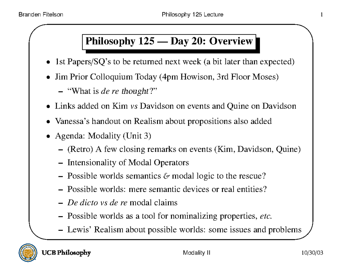 Lecture 19. modality - Branden Fitelson Philosophy 125 Lecture 1 ...